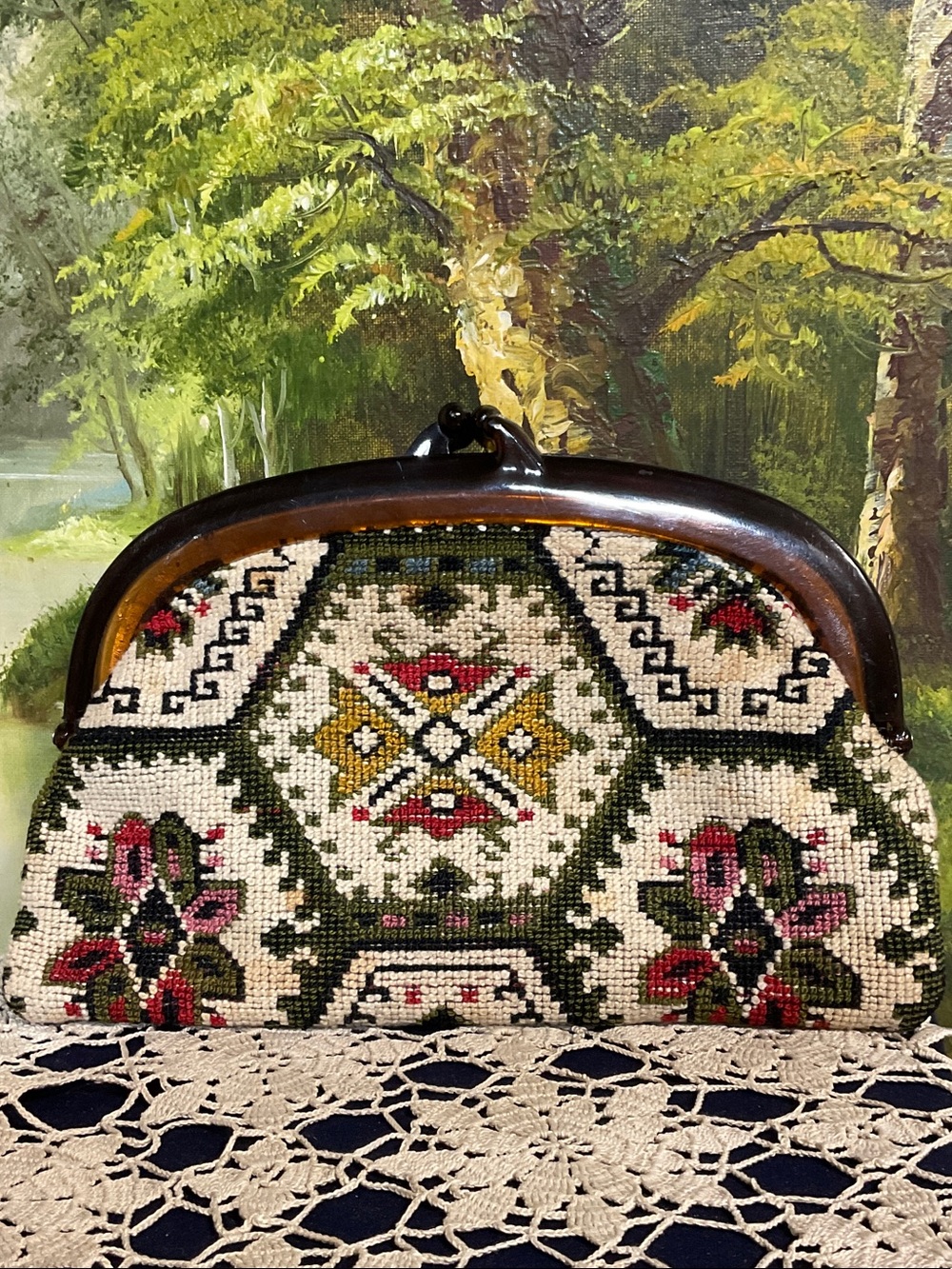 Hand-Embroidered Tapestry Clutch in Cream, Green & Pink - Vintage Style
